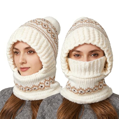 Evolkult 3 in 1 Beanie Hat with Scarf and Mask, Winter Balaclava for Women Knitted Ski Face Mask Hat for the Cold,White