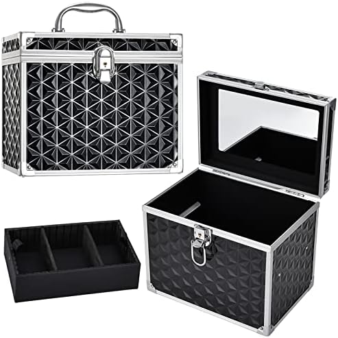 Professional Makeup Train Case Travel Organizer Case Cosmetic Storage Box with Divider Tray and Mirror Portable Cosmetology Travel Box for Makeup Artist, Nail Tech Kits, Crafters Train Case Black