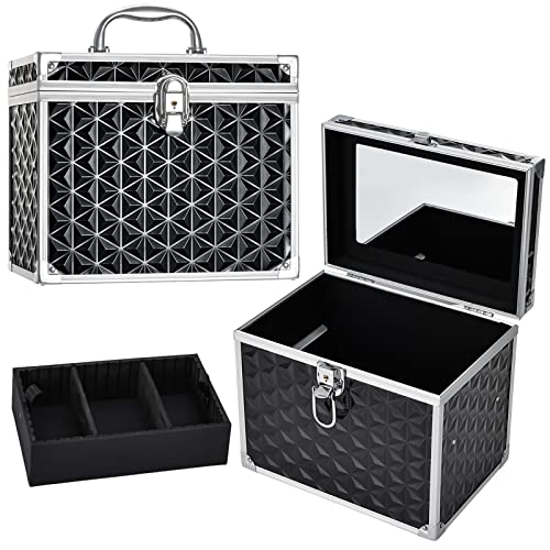 Professional Makeup Train Case Travel Organizer Case Cosmetic Storage Box With Divider Tray And Mirror Portable Cosmetology Travel Box For Makeup Artist, Nail Tech Kits, Crafters Train Case Black #TOP1