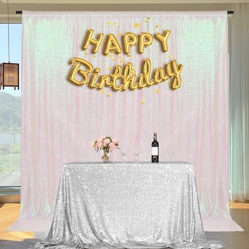 Image of PartyDelight Iridescent White Sequin Backdrop 6x6ft Shimmer Photo Curtain | 4 Inch Rod Pocket and color shifting sequins create a reflective event wall for winter weddings and pastel parties