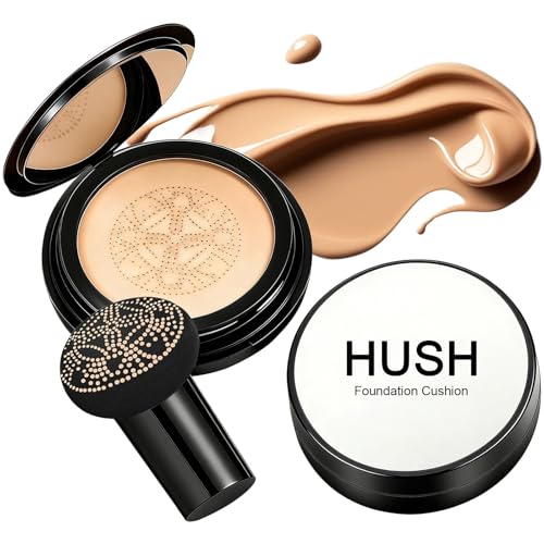 Hush Foundation for Mature SkinWarm Tone CC Air Cushion FoundationMoisturizing & Skin-Care Air Cushion FoundationGlow Foundation Full Coverage Long-Lasting BB Cream with Mushroom Applicator