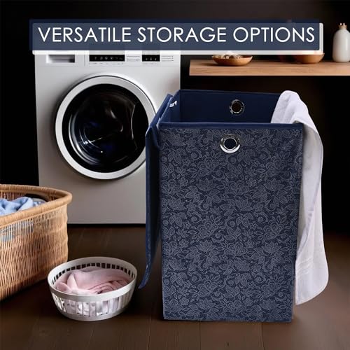 Image of Urbane Home (Pack of 2) Clothes Basket | 75 LTR | Toy Storage Box with Ring | Velcro Lid | Clothes Dress Bin | Flower Print | Foldable Laundry Basket | Washing Cloth Basket | Navy Blue