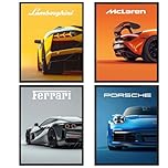 Komergave 4 Pcs Car Posters, Super Car Poster, Cool Canvas Wall Art for Man Cave Boys Room Bedroom Aesthetics Decor, Modern Sports Cars Classic Racing Cars Prints, 12x8 Inch