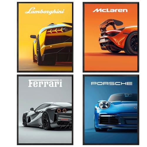 Komergave 4 Pcs Car Posters, Super Car Poster, Cool Canvas Wall Art for Man Cave Boys Room Bedroom Aesthetics Decor, Modern Sports Cars Classic Racing Cars Prints, 12x8 Inch