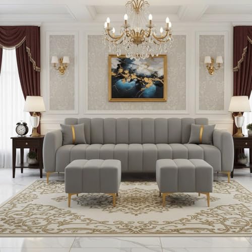Image of Harmonica 3 Seater Modular L Shape Sofa Set with 2 Ottoman| Soft Velvet Upholstery, Sturdy Wooden Frame | Modern Sofa for Living Room, Hall & Office Spaces (Light Grey)