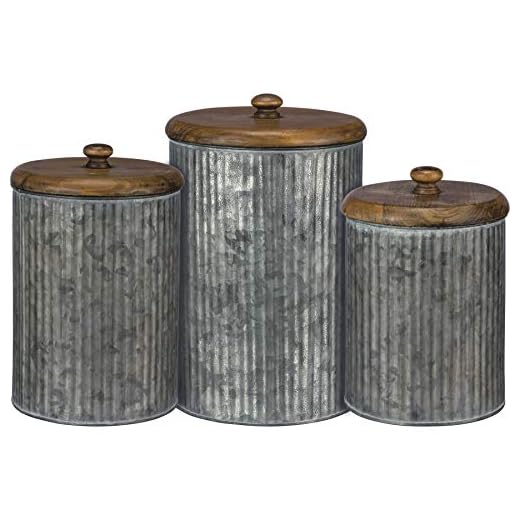 Primitives by Kathy Rustic Style Canisters, Set of 3, Galvanized Metal and Wood