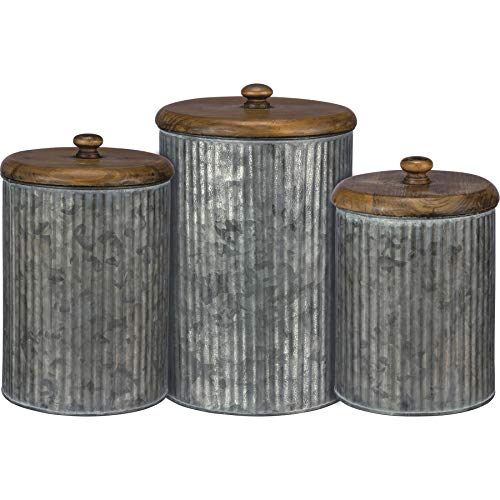 Primitives by Kathy Rustic Style Canisters, Set of 3, Galvanized Metal and Wood by Primitives by Kathy - Used condition - US$22.35