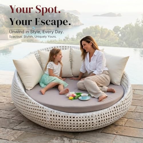 Image of DEVOKO Outdoor Pool Side, Garden, Balcony, Porch, Backyard, Terrace, Patio, Beach Round Sofa Wicker And Rattan Unique Design Daybed Furniture Set (White And Off White), 139 Centimeters, 122 CM, 76 CM