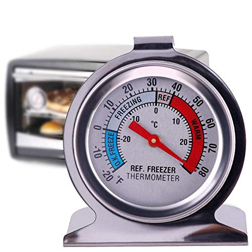 Generic Refrigerator Freezer Thermometer, Analog, Large Dial with Red Indicator, -30 to 30°C, Stainless Steel, No Battery Required