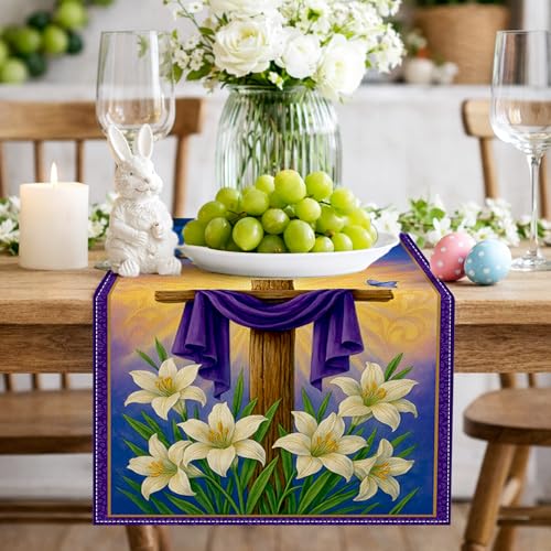 HOMETITUTE Religious Easter Table Runner 13x72 Inch Burlap Christian Cross Lily Purple Cloth Faith Spring Holiday Burlap Table Runner for Dining Kitchen Coffee Table Home by HOMETITUTE - Image 2