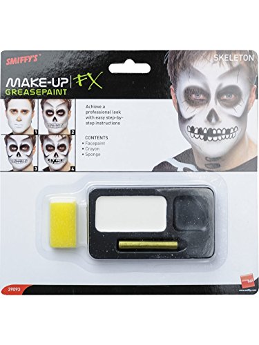 Smiffy'S 39093 Kit de esqueleto, pintura facial, lápis preto e esponja, preto / branco