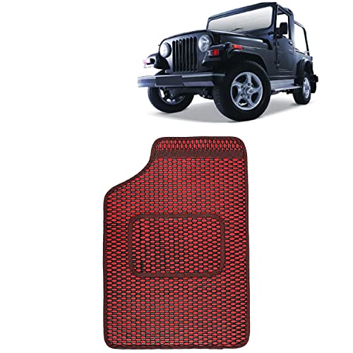 Image of Kingsway Dotted Design Car Floor Foot Mats Universal Fit for Mahindra Thar, Model Year : 2010-2019, Water and Dustproof, Color Red, Set of 5 Pieces