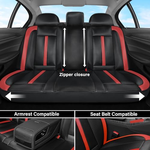 Image of Coverado Leather Car Seat Covers Full Set & Carbon Fiber, Waterproof and Durable All Weather Protector, Universal Fit for SUV, Pickup Truck, Sedan, Automotive Vehicle Interior, Black&Red