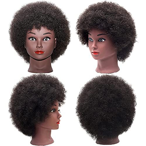 HJ Dool head African Manikin Head 100% Human Hair Training Head Manikin Beauty Doll Head Barber Bracket with Clip