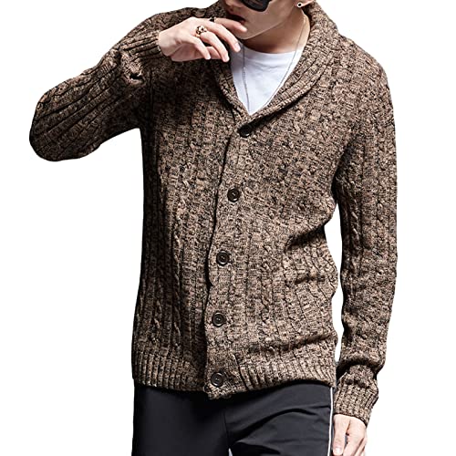 Men Shawl Neck Long-Sleeve Cardigan Sweater Winter Slim Fit Rib Sweaters Outerwear Cable Knit Button Down Cardigan