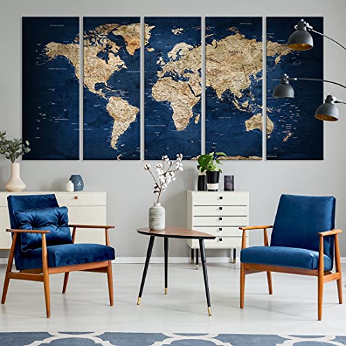 Sami Eymur Navy Blue World Map Wall Art Print - Grunge Map On Canvas Gallery Wall Set Of 3 Panels Gift For Traveler, Large Abstract World Map For Living Room Dining Room Kitchen Office Decor Code:7 #TOP6