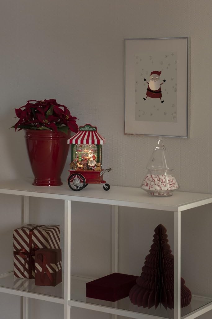 Konstsmide Latarnia LED Snow Globe Boże Narodzenie Święty Mikołaj w swoim warsztacie/wewnątrz, 5-godzinny timer/zasilanie bateryjne, czerwony, 3 x AA 1,5 V