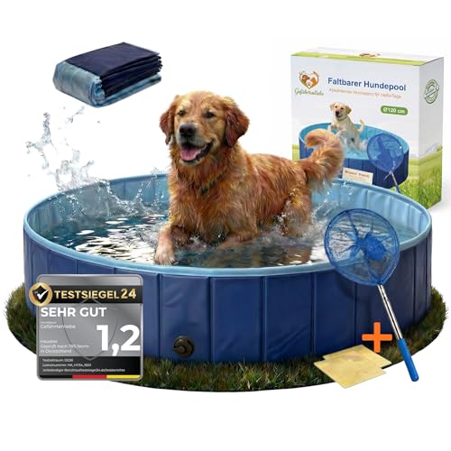 Hundepool große Hunde Hundepool klein - Premium Hunde Pool faltbar 120cm x 30cm Stabile Seitenwände Kratzfester Anti-Rutsch Boden Planschbecken mit Auslauf Bällebad