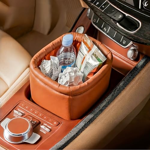 Image of Leather Car Trash Can, Luxury Car Organizer, Leakproof Garbage Can for Car and Trucks, Orange
