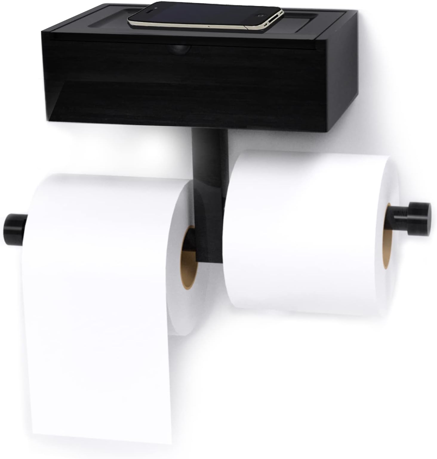YOUHODA Toilet Paper Holder with Shelf Adhesive or Drilling Matte Black Double Roll Toilet Tissue Holder with Wipes Dispenser for Bathroom- Wall Mounted Storage