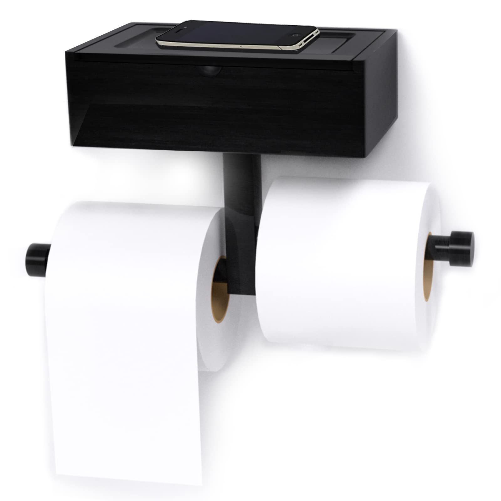 YOUHODA Toilet Paper Holder with Shelf Adhesive or Drilling Matte Black Double Roll Toilet Tissue Holder with Wipes Dispenser for Bathroom- Wall Mounted Storage