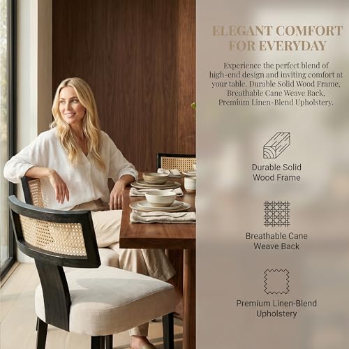 Image of HNY Mid Century Modern Rattan Dining Chairs Set of 4, Farmhouse Linen Upholstered Accent Chair Curved Backrest Kitchen Chairs, with Black Hardwood Frame, Beige
