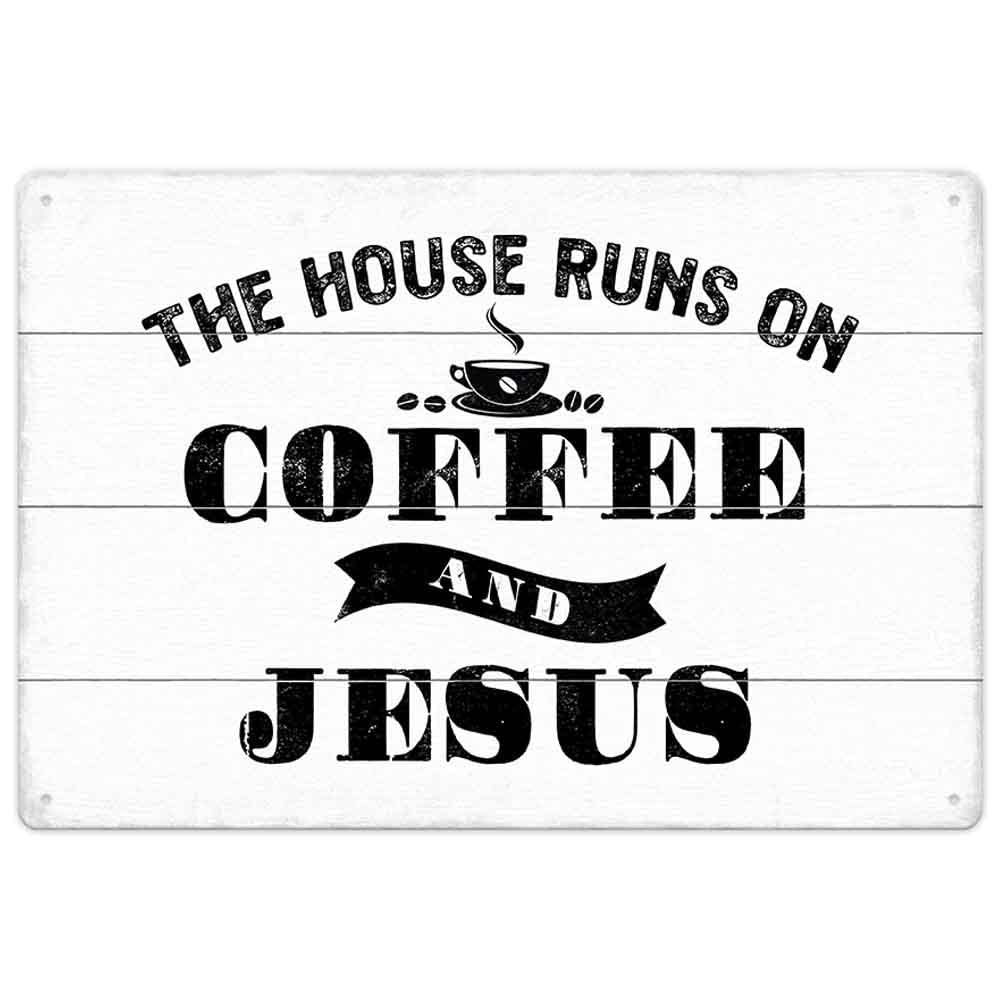 SMAZDFXX Vintage Coffee Sign With Funny Sayings-The House Runs On Coffee And Jesus, Office Home Coffee Bar Wall Table Decor Kitchen Counter Decorative, Wood Grain Metal Sign 5.5"x8"