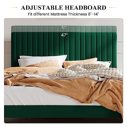 Image of SHA CERLIN Full Upholstered Platform Bed Frame with Vertical Channel Tufted Velvet Fabric Adjustable Headboard, Wooden Slats Support, Mattress Foundation, Box Spring Optional, Green