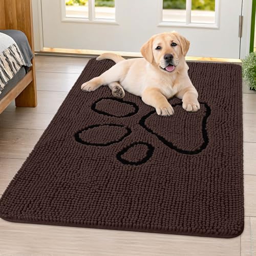 Image of Smiry Dog Door Mat for Muddy Paws, Absorbent Dirt Trapper Non Slip Quick Dry Washable Chenille Mat for Mud Dogs, Entry Rug for Indoor and Outdoor (40x32 Inches, Brown and Black)