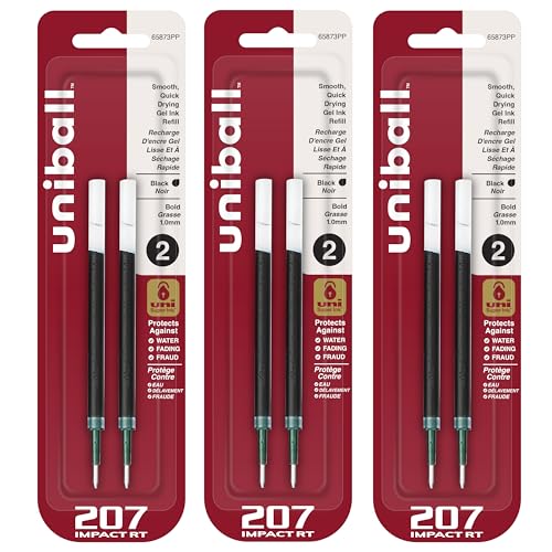 Recharges Uniball 207 Impact RT encre noire pointe large de 1 mm lot de 6