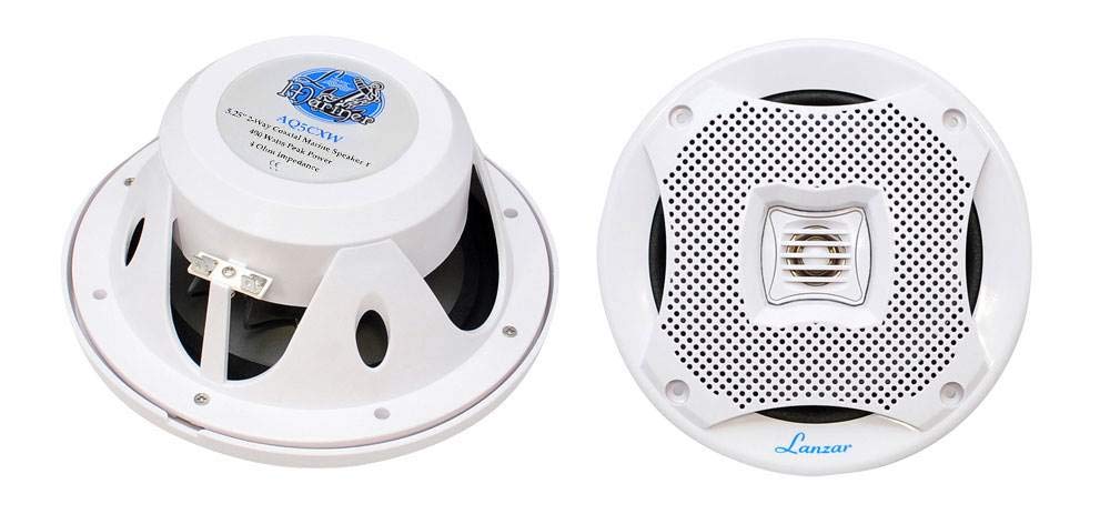 LANZAR Marine Speakers, 5.25 Inch, Water Resistant, 400 Watt Power, 2 Way Audio System, Resin Treatment, Includes Grills and Installation Hardware for Indoor and Outdoor Use, AQ5CXW (White)
