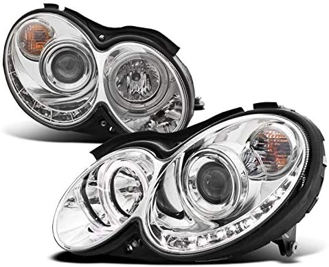 Halo LED DRL Projector Headlights Headlamps Chrome Compatible with 2003-2009 CLK-Class W209