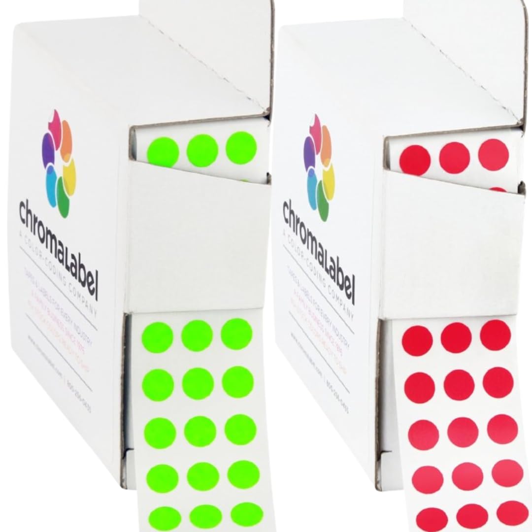 ChromaLabel 1/4 Inch Circle Sticker Labels, Small Dot Stickers with Handy Dispenser, Fluorescent Green and Red Adhesive Dots for Color Coding - 1000