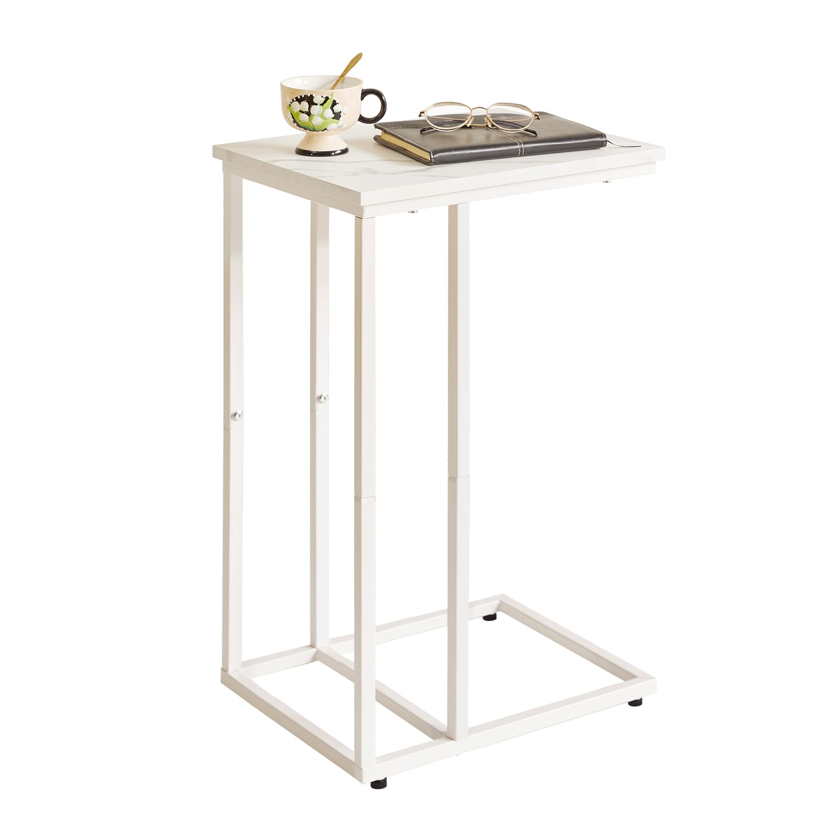 Aibiju Side Table, Sofa End Table, C-Shaped Side Table for Living Room, Bedroom, Balcony, Simple Structure, Stable, White Faux Marble and White Metal Frame, YD-TM051W