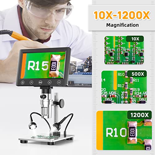 Elikliv Edm07 Industrial Microscope, 7" Lcd Digital Microscope With Touch Button, 1200X Soldering Coin Microscope, Ultra-Bright Led Light, Metal Stand, 32Gb Sd Card Included, Windows/Mac Compatible #TOP2