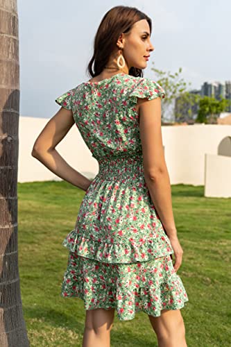 Image of PRETTYGARDEN Womens Summer Dresses Boho V Neck Floral Print Ruffle Sleeve Layered Mini Dress Cute Smocked Waist Short Dress