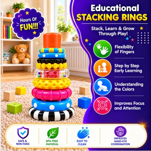 Image of GRAPHENE 8 Stacking Ring Game Toy for Babies 6+ Months STEM Learning Circle Rattle Sound Educational Colour Recognition Brain Development Montessori Fine Motor Skills Birthday Gift Boys Girls Kids