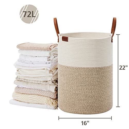 Image of VIPOSCO 72L Tall Woven Rope Laundry Hamper, Leather Handles, White & Brown | Large Wicker Laundry Basket for Dirty Clothes, Blanket, Toy, Towel, Yoga Mat, Storage Bin in Bedroom, Bathroom, Living Room