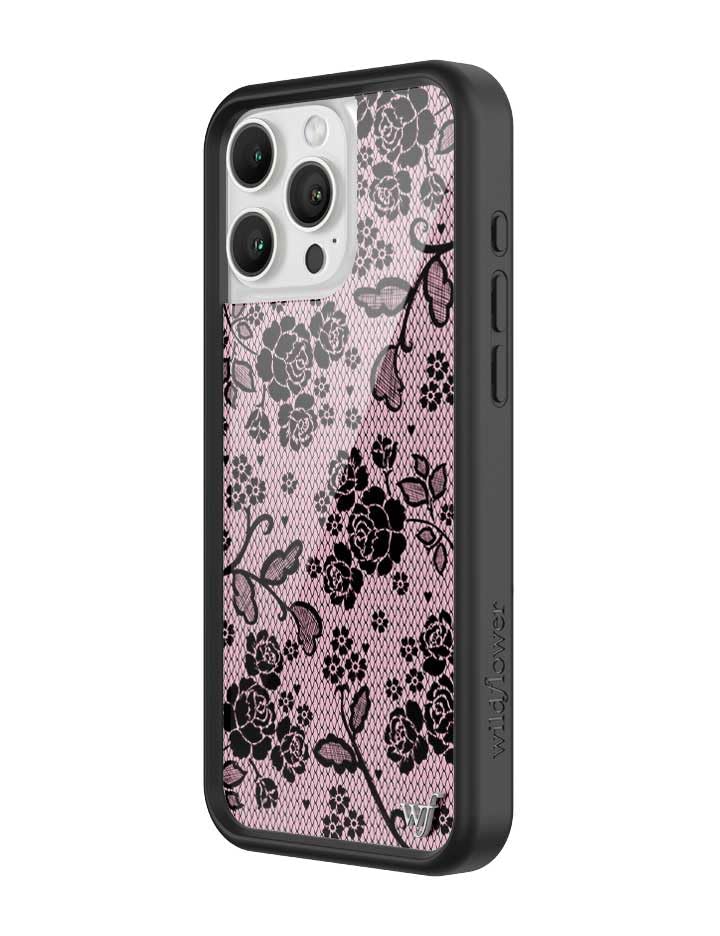Image of Wildflower Cases - Compatible with iPhone 16 Pro Max | Protective Black Bumper, 6.5ft Drop Test Certified, Women Owned Small Business | Pink Black Floral Rose Aesthetic Trendy | Lace Lover