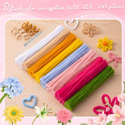 Image of Peryiter 500 Pieces Pipe Cleaners Chenille Stems for Flowers Craft Supplies Bulk Fluffy Fuzzy Sticks for DIY Art Projects Creative Gift Wrapping Party Decorations(Dopamine Color,12 Inch)