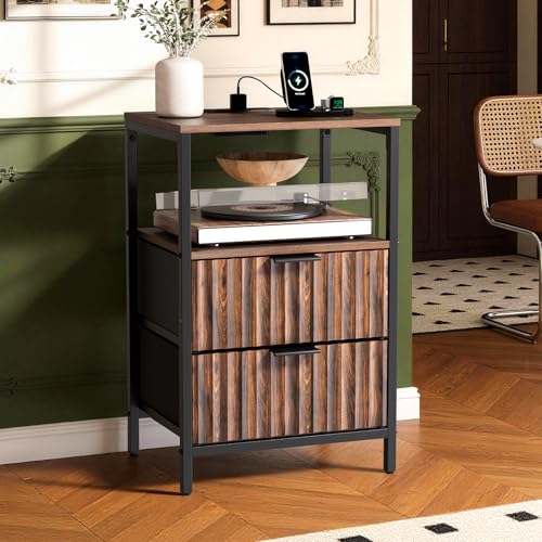 Image of Bonnlo Fluted Nightstand, Fabric Dresser with 2 Drawers and 1 Shelf, Bedside Table /End Table with Charging Station, Nightstand for Bedroom, Livingroom, College Dorm, Walunt