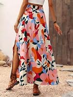 EIRUKON Rock Damen Lang Elegant Röcke Bedruckter Maxirock Sommerrock mit Schlitz A Linie Sommer Maxi Skirt Elastische High Waist Strandrock Freizeitrock,Blumenmuster,M – Ansicht 6