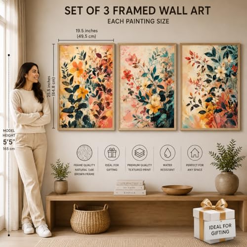 Image of Livin'luxe Set of 3 Abstract Floral Wall Paintings for Living Room Bedroom Hallway Home Decor with Premium Wooden Color Synthetic Frame (25.5 x 19.5 Inch) NM03-60