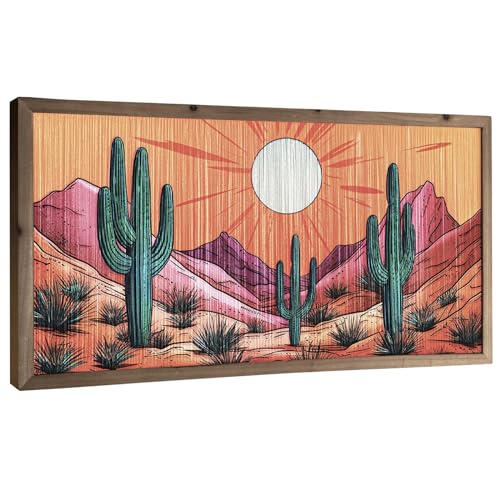 Image of flangairy Cactus Wall Art Crafts String Picture With Wood Framed, 23.6x11.8 Inch Arizona Desert Landscape Wall Decor, Boho Western Aztec Living Room Bathroom Bedroom Southwestern Home Decorations