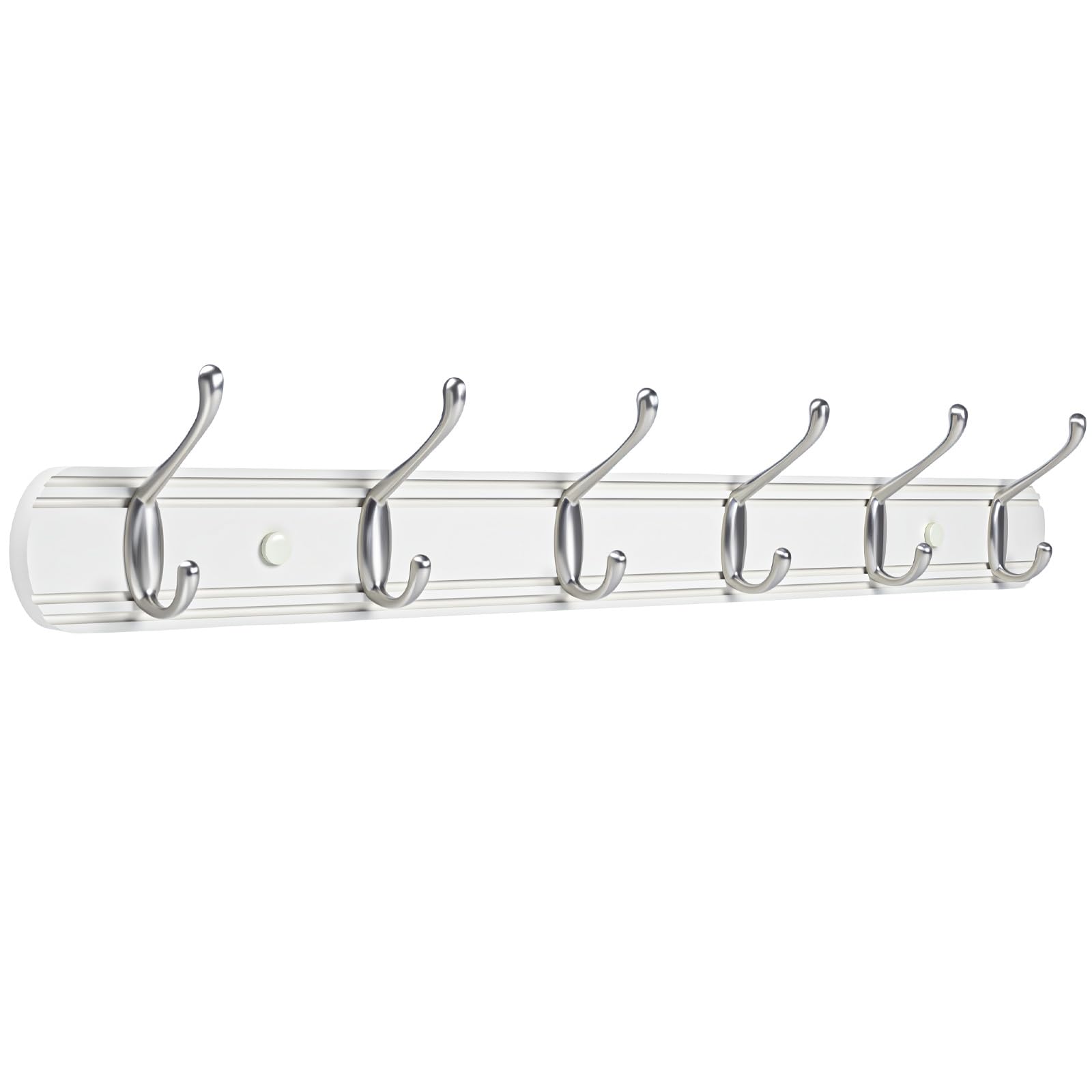 Yundoza Coat Hooks Wall Mount, Wood Bamboo Wall Coat Rack with 6 Metal Hooks for Hanging Clothes, Towels, Keys, Bags(White&Brushed Nickel)
