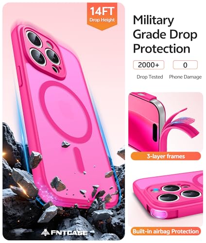Image of FNTCASE for iPhone 14 Pro Max Case: [Compatible with Magsafe] Translucent Matte Cases with [Full Camera Protection] [Screen Protector] Military Grade Shockproof Protective Phone Cover - Hot Pink