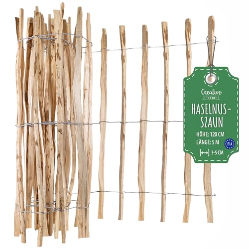 Creative Home Staketenzaun 120cm hoch und 5m lang | Haselnusszaun | Rollzaun | Lattenabstand 3-5 cm | Gartenzaun Holz Holzzaun | Zaun Garten Ideal als Rasenkante Blumenbeet Umrandung aus Haselnuss Creative Home Staketenzaun 120cm hoch und 5m lang | Haselnusszaun | Rollzaun | Lattenabstand 3-5 cm | Gartenzaun Holz Holzzaun | Zaun Garten Ideal als Rasenkante Blumenbeet Umrandung aus Haselnuss
