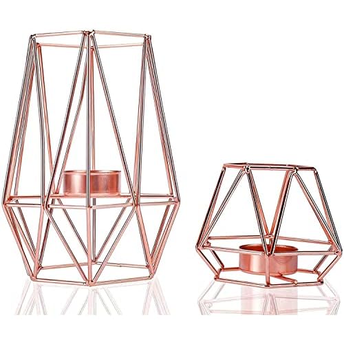 HighFree Geometric Candle Holders, Metal Wire Iron Tealight Candle Holders for Tables Decor Living Room Bathroom Decorations, Set of 2 (Rose Gold)