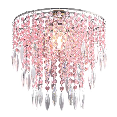 SEEYUAN Pink Acrylic Chandelier Shade Modern Ceiling Light Shade Beaded Pendant Lampshade with Acrylic Beads and Chrome Frame Diameter 11.81 inches