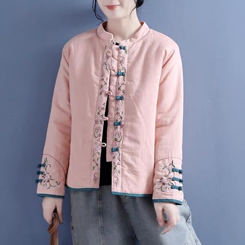 CQJFLQC Women's Pink Chinese-Style Linen Embroidered Jacket - A Touch of Tradition for Every Occasion - Image 3